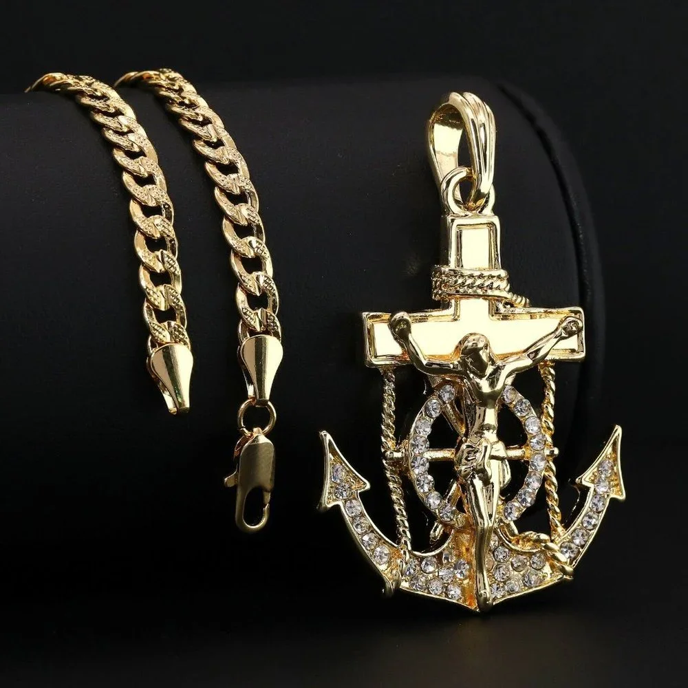 14k Gold Jesus Anchor Pendant + Necklace